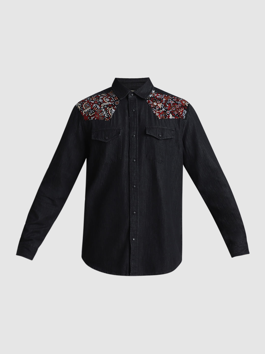 JACK&JONES X KUTCH BLACK EMBROIDERED PATCH DENIM SHIRT