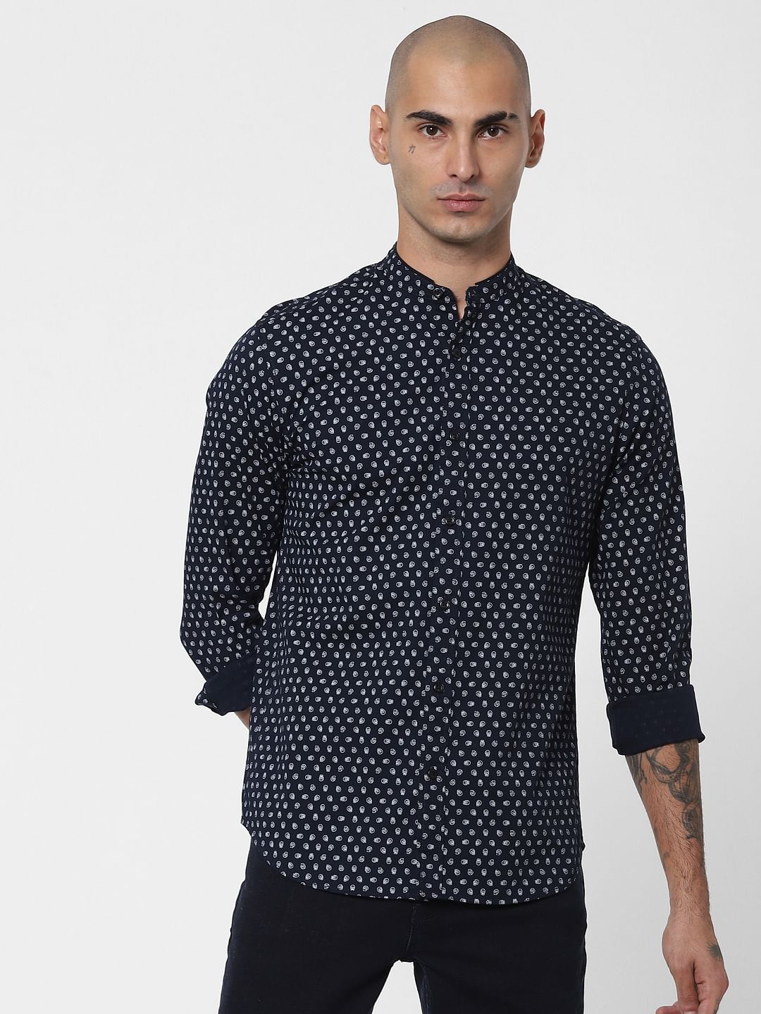 Blue Skull Print Mandarin Collar Shirt
