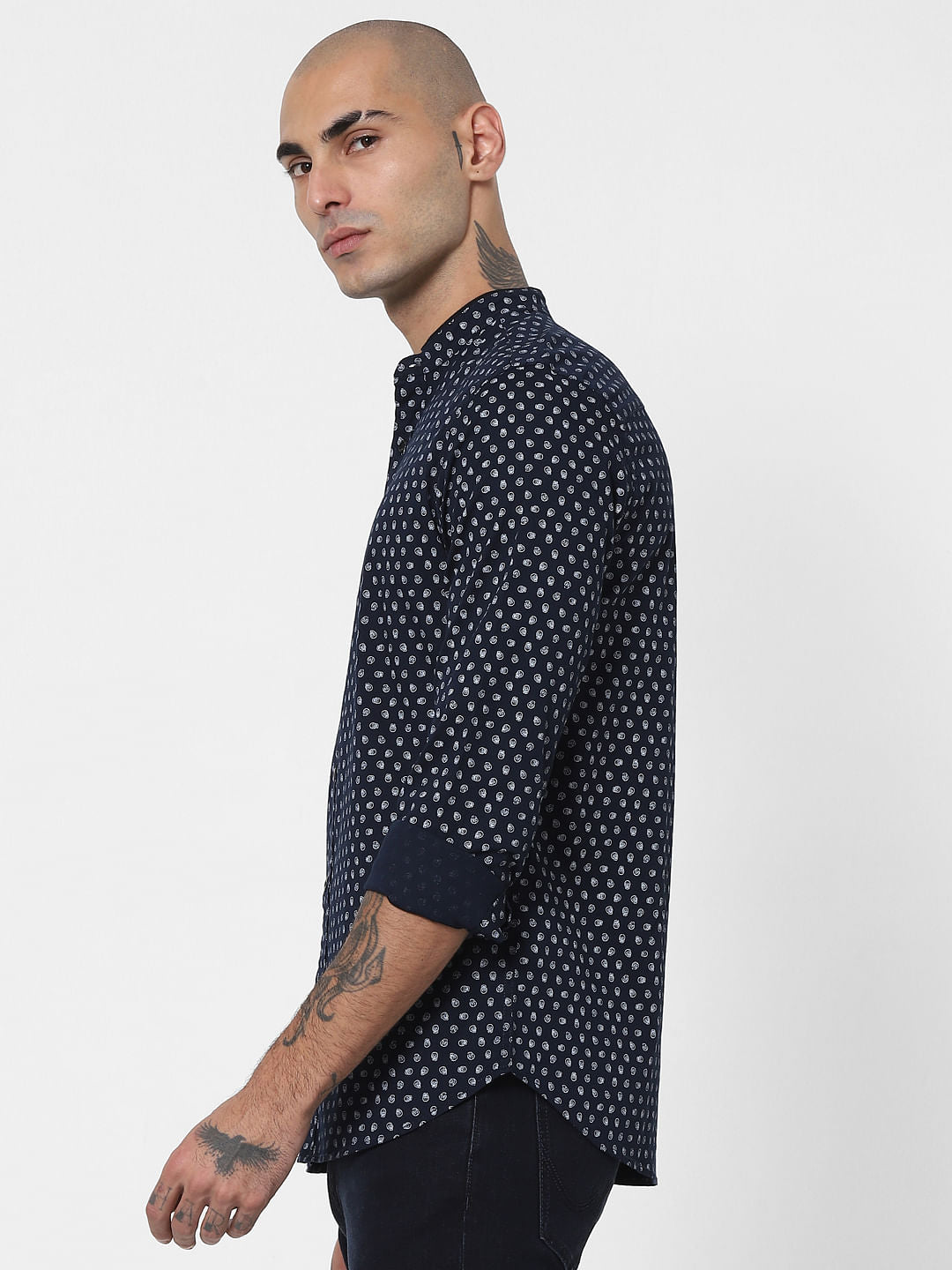Blue Skull Print Mandarin Collar Shirt