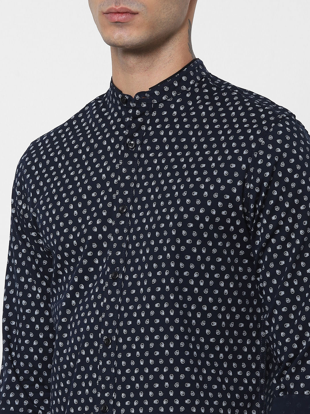 Blue Skull Print Mandarin Collar Shirt