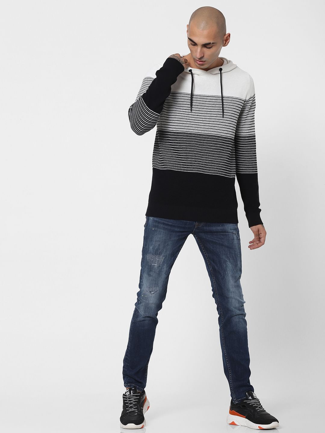 Black & White Striped Hooded Pullover