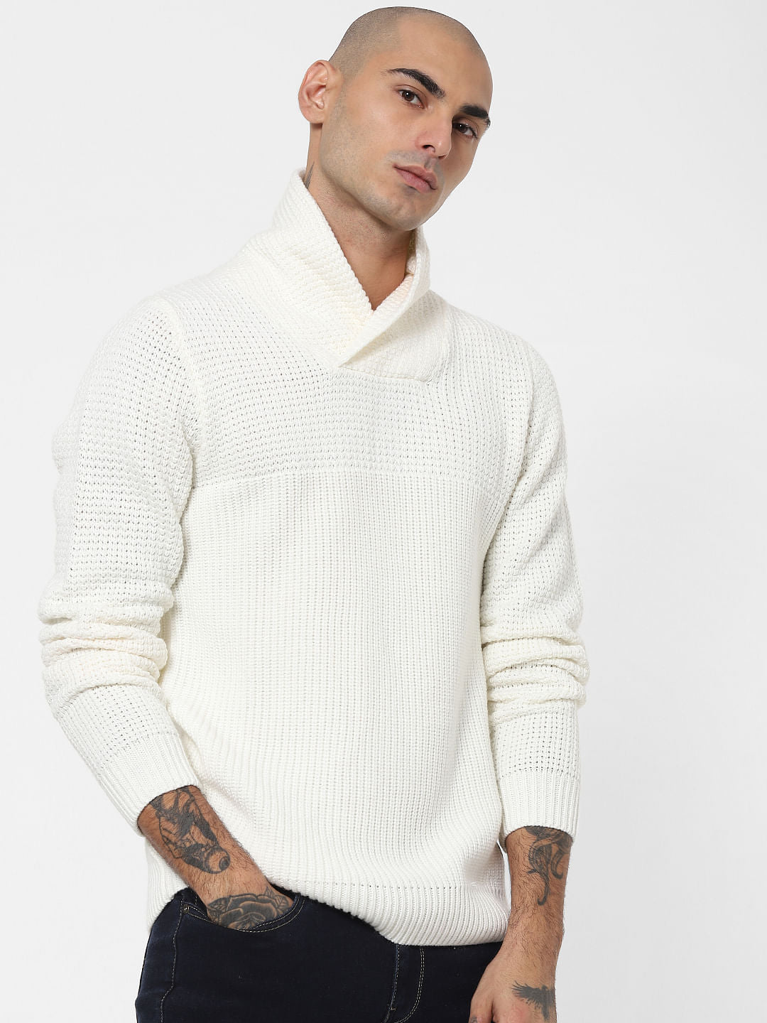 White Shawl Neck Pullover