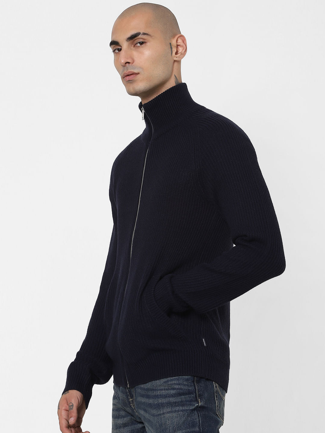 Navy Blue Turtleneck Zip Up Cardigan