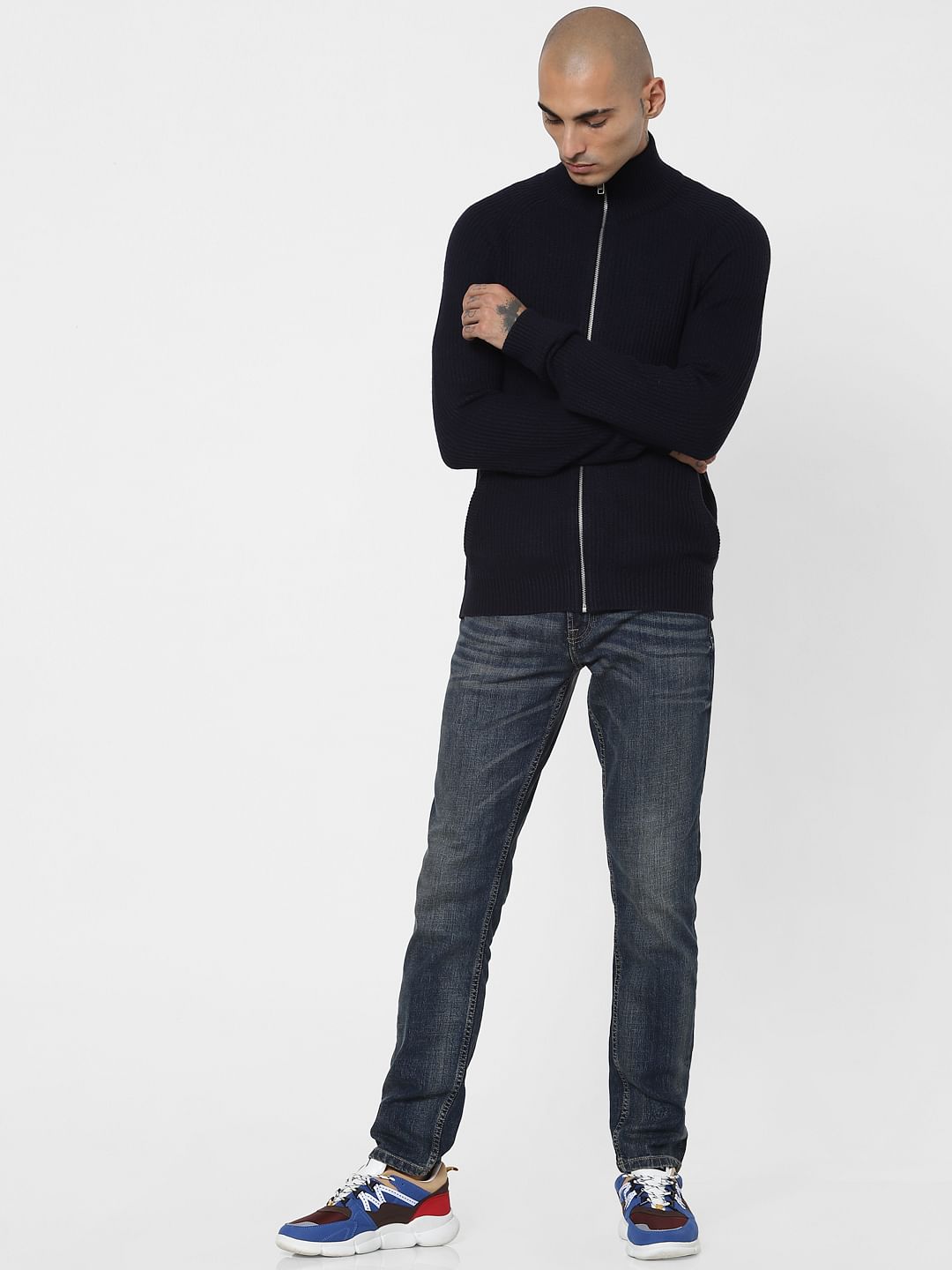 Navy Blue Turtleneck Zip Up Cardigan