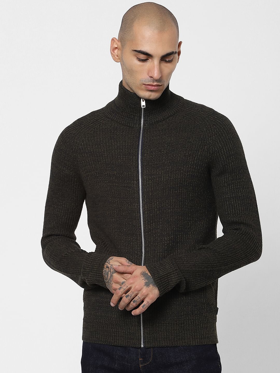 Dark Green Turtleneck Zip Up Cardigan