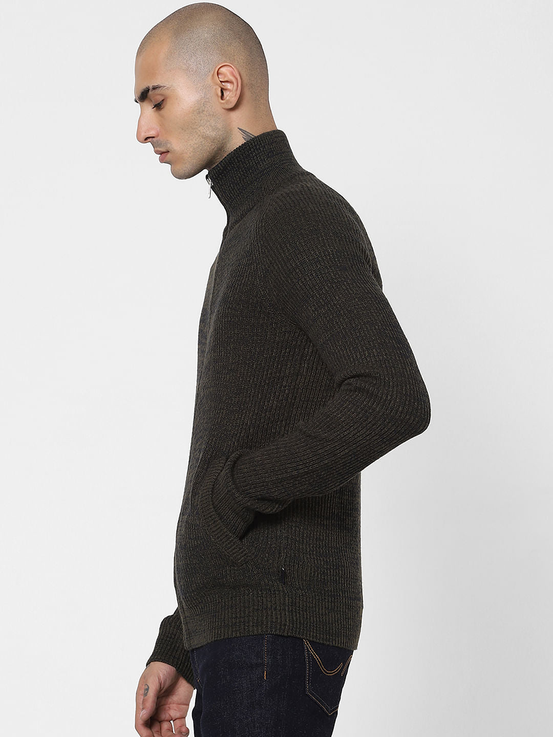Dark Green Turtleneck Zip Up Cardigan