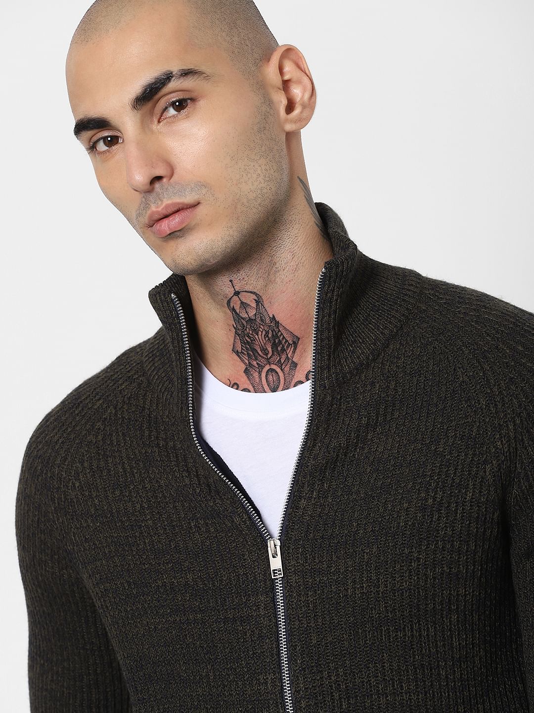 Dark Green Turtleneck Zip Up Cardigan