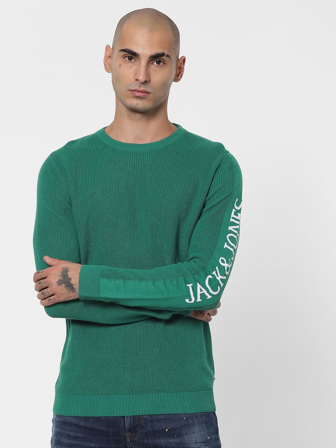 Green Logo Printed Sleeves Pullover