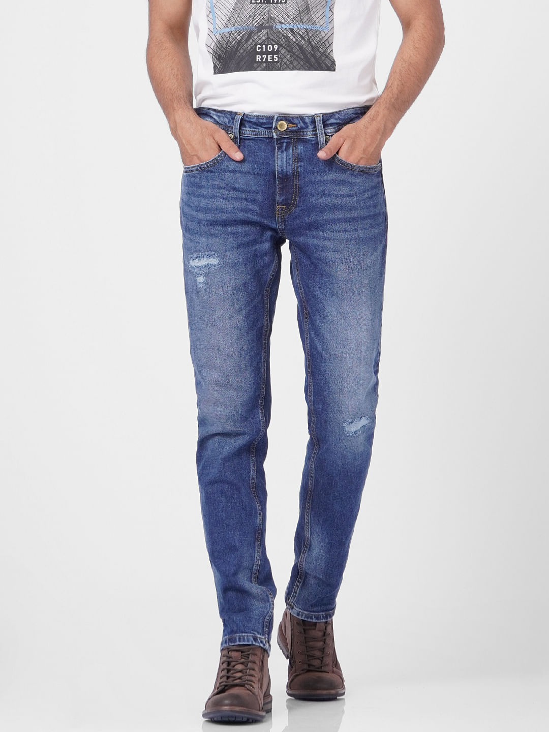 Blue Low Rise Distressed Tim Anti Fit Jeans