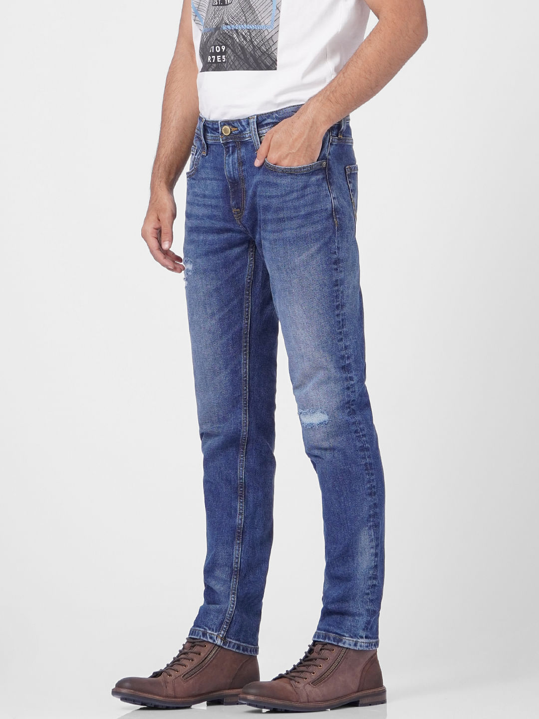Blue Low Rise Distressed Tim Anti Fit Jeans
