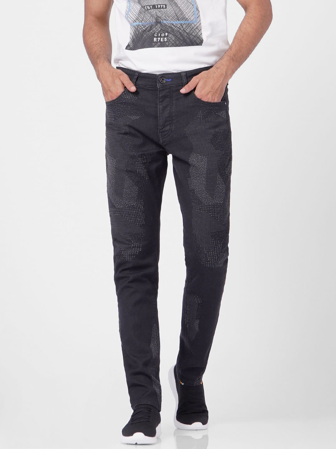 Black Low Rise Printed Glenn Slim Jeans