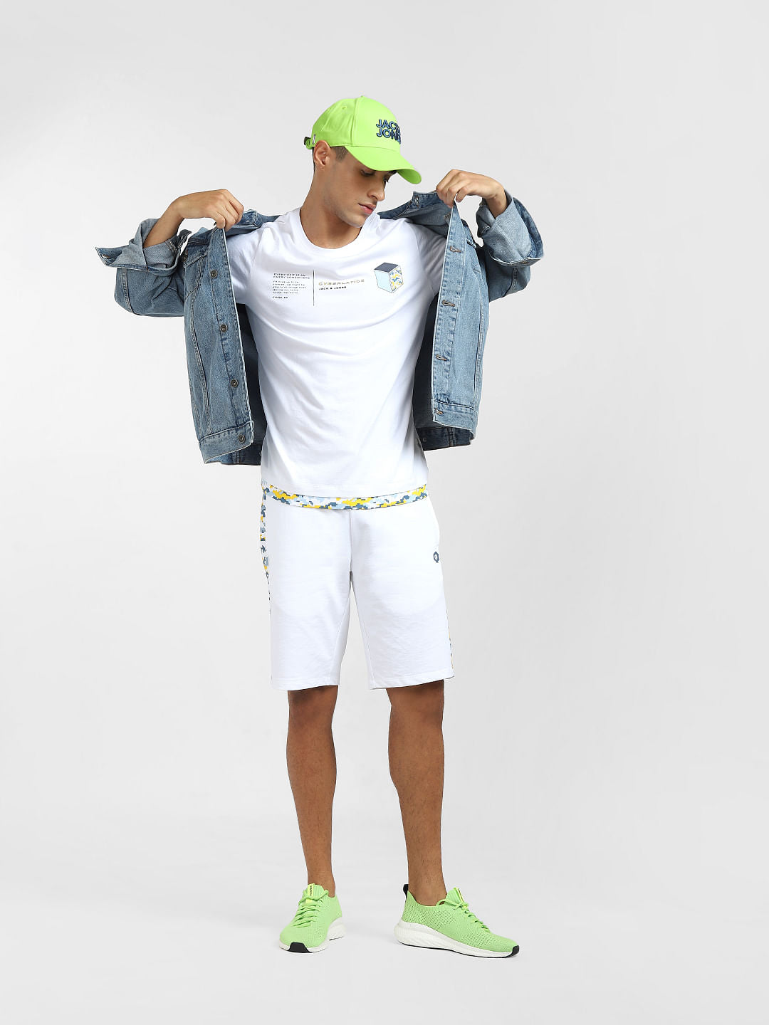 White Print Tape Detail Shorts