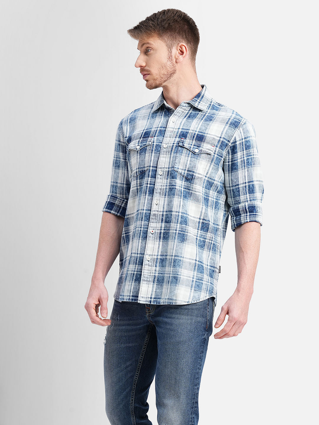White & Blue Check Print Full Sleeves Shirt