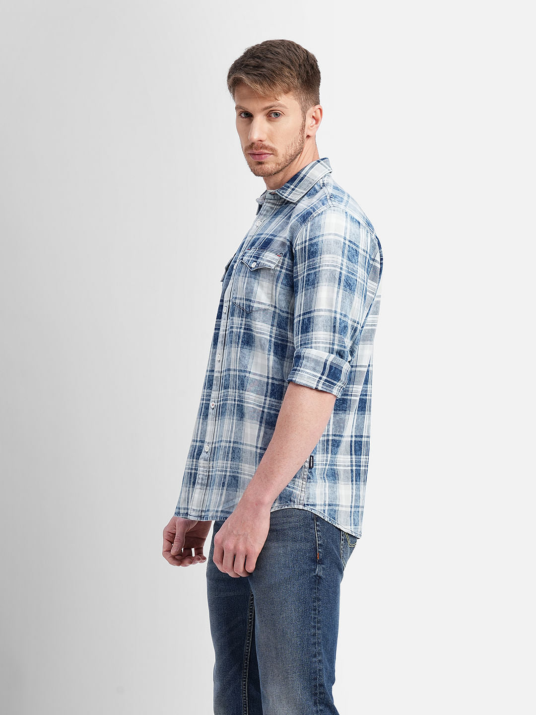 White & Blue Check Print Full Sleeves Shirt