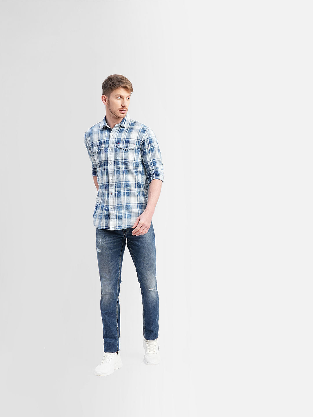 White & Blue Check Print Full Sleeves Shirt