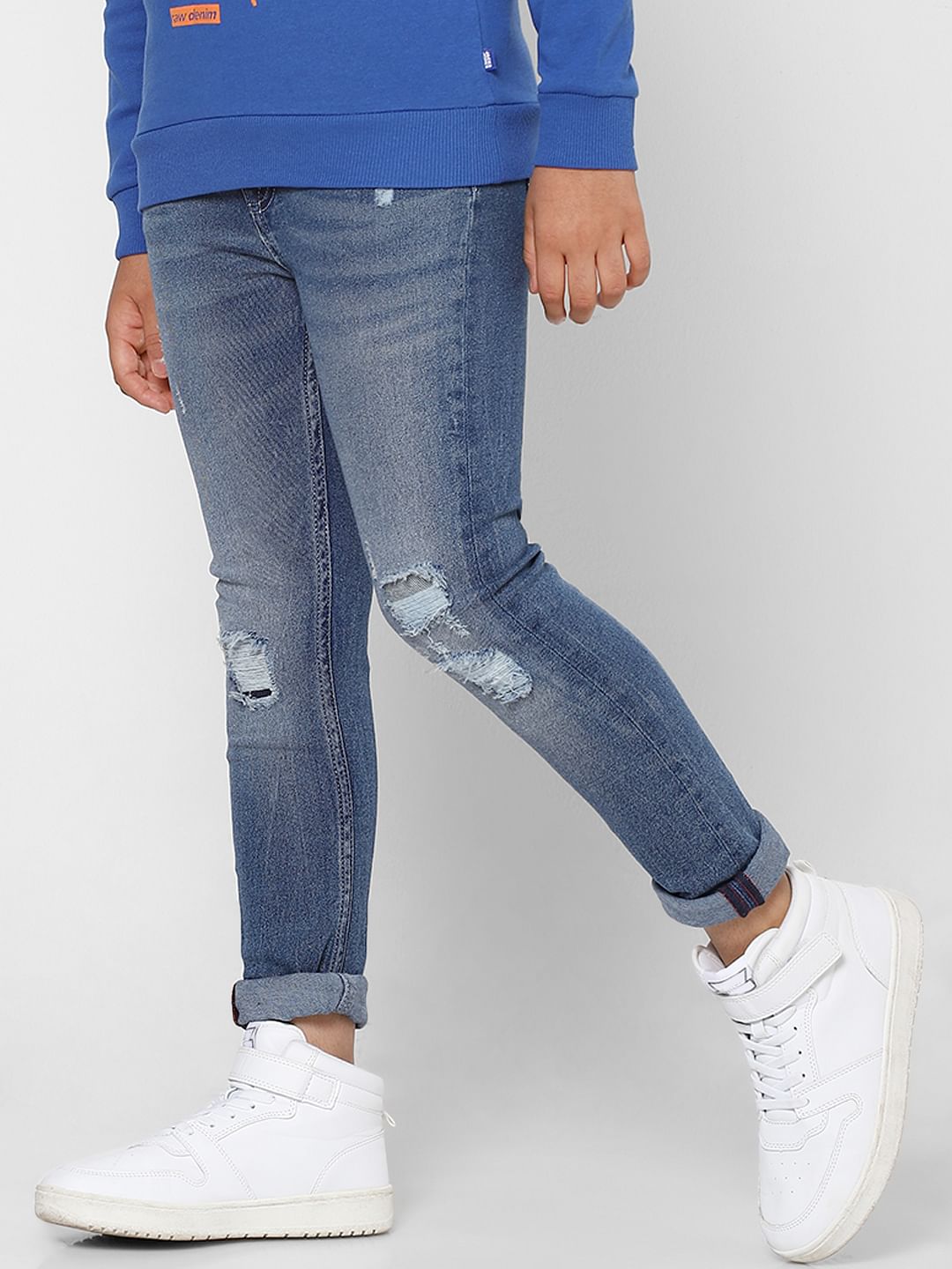 Boys Light Blue Mid Rise Ripped Slim Jeans