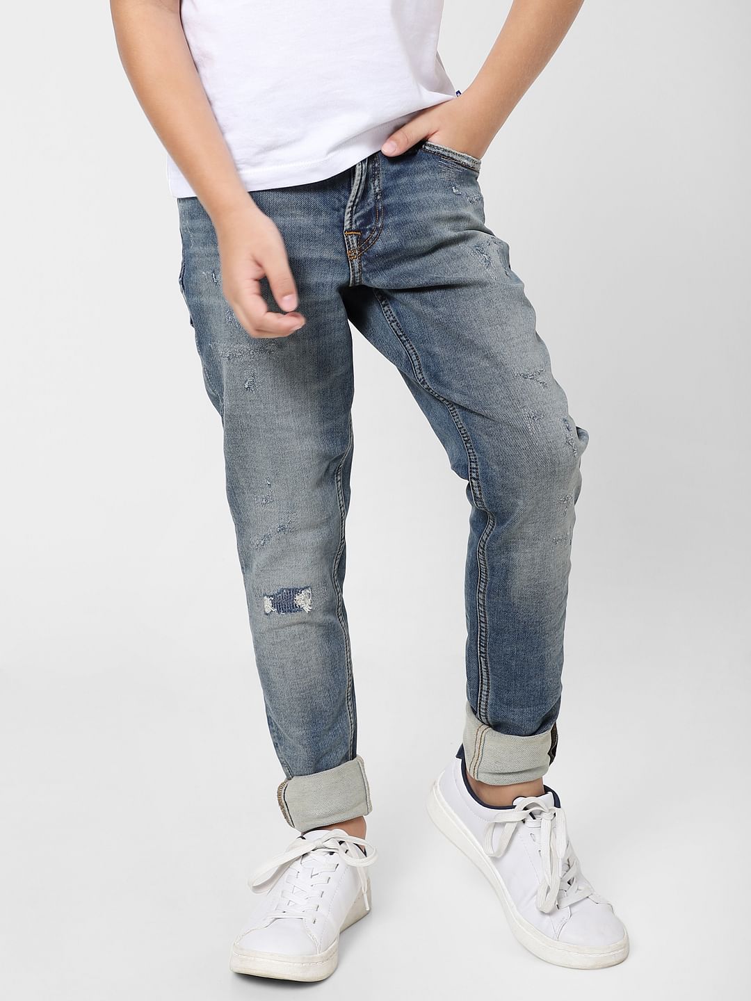 BOYS Blue Mid Rise Liam Slim Fit Ripped Jeans