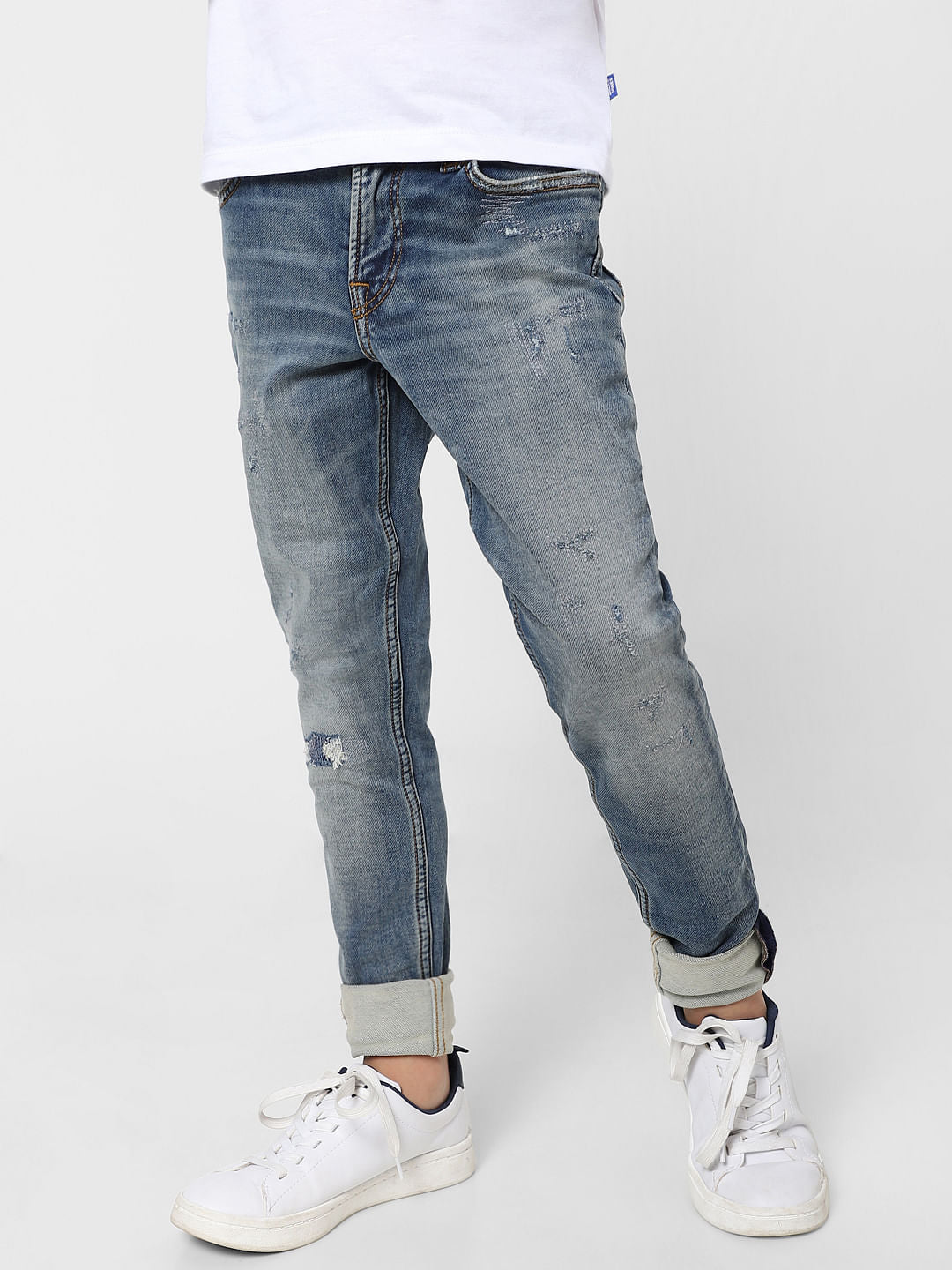 BOYS Blue Mid Rise Liam Slim Fit Ripped Jeans