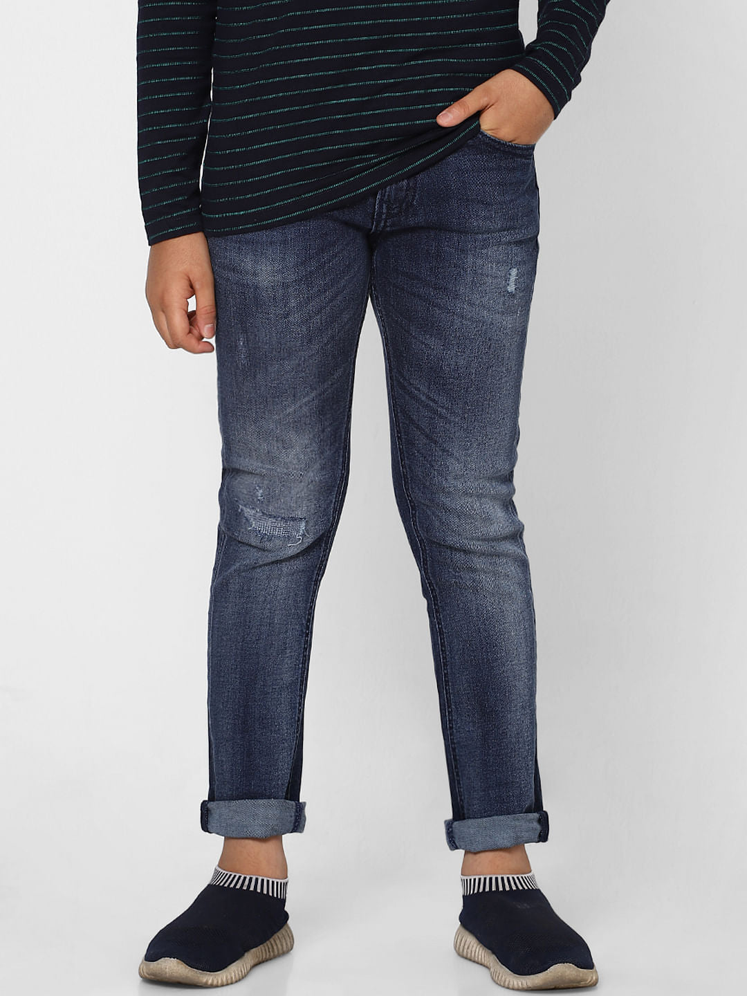 BOYS Blue Mid Rise Clark Straight Fit Ripped Jeans