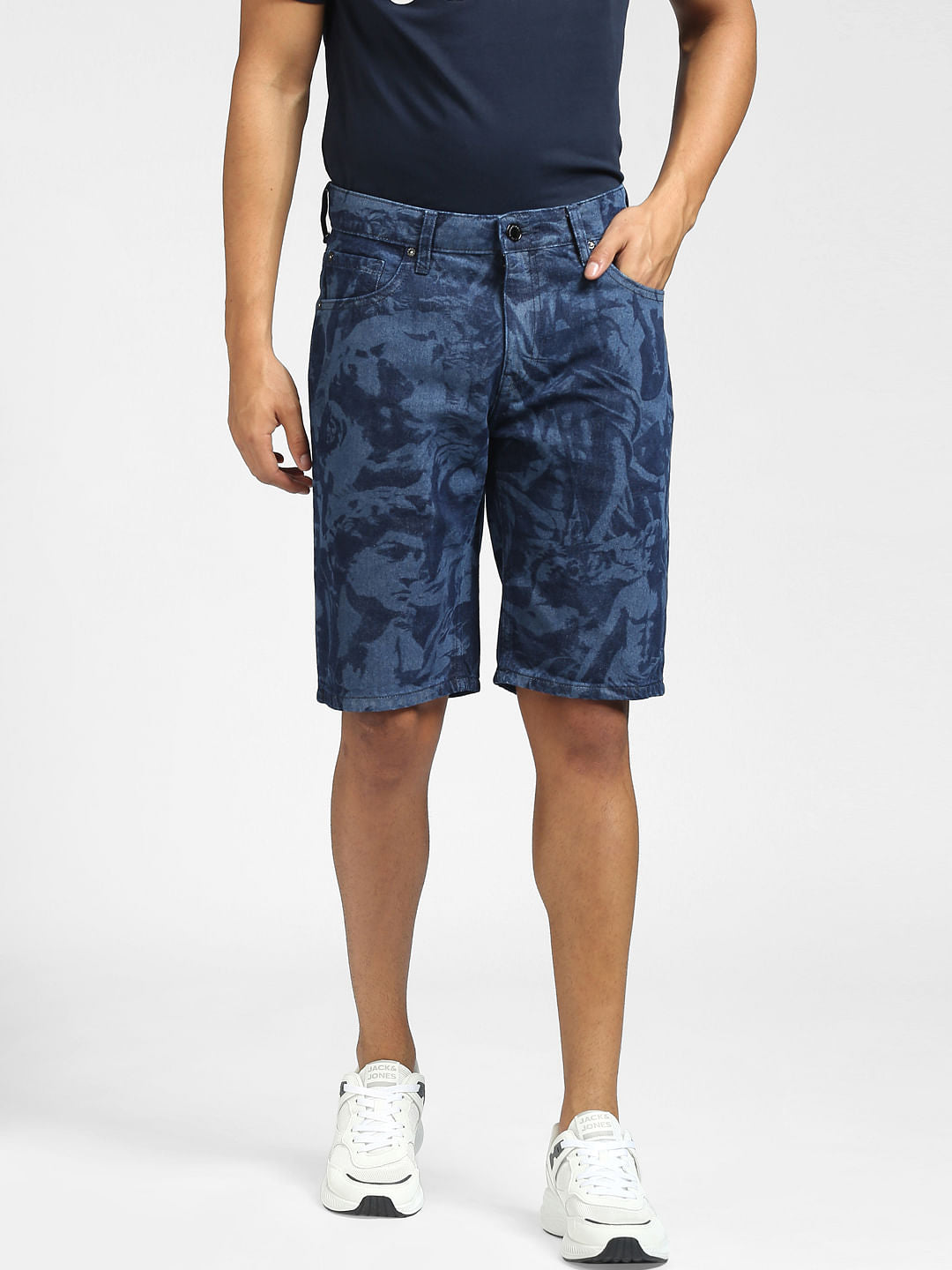 Blue Low Rise Printed Denim Shorts