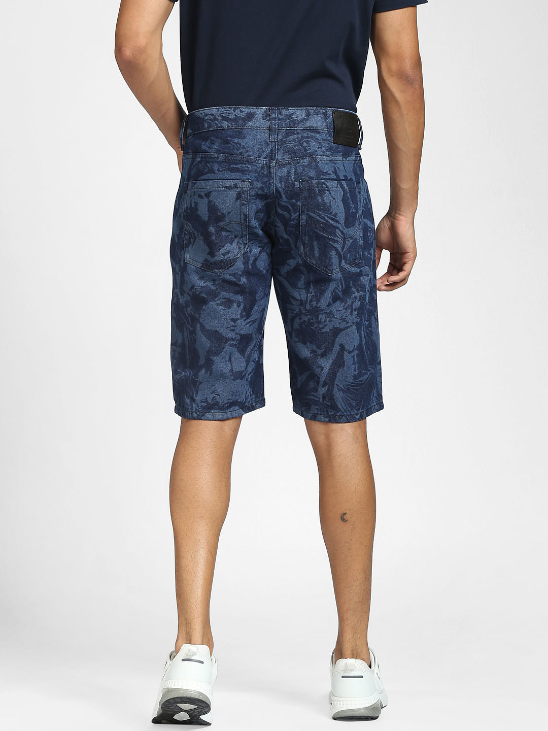 Blue Low Rise Printed Denim Shorts