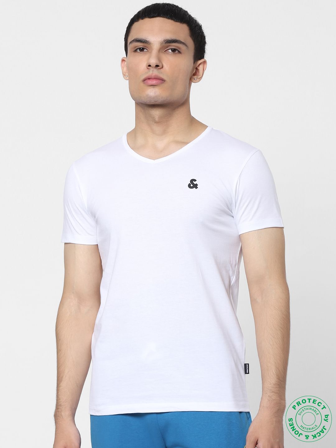 White & Blue V Neck T-shirts - Pack of 2