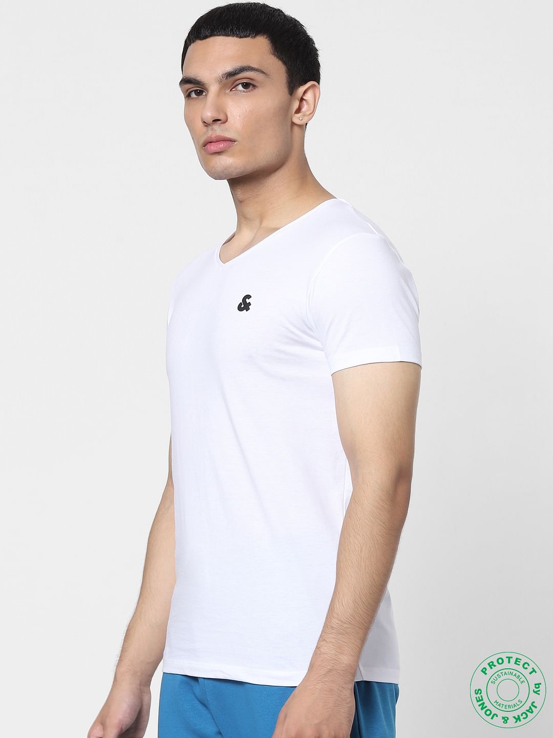 White & Blue V Neck T-shirts - Pack of 2