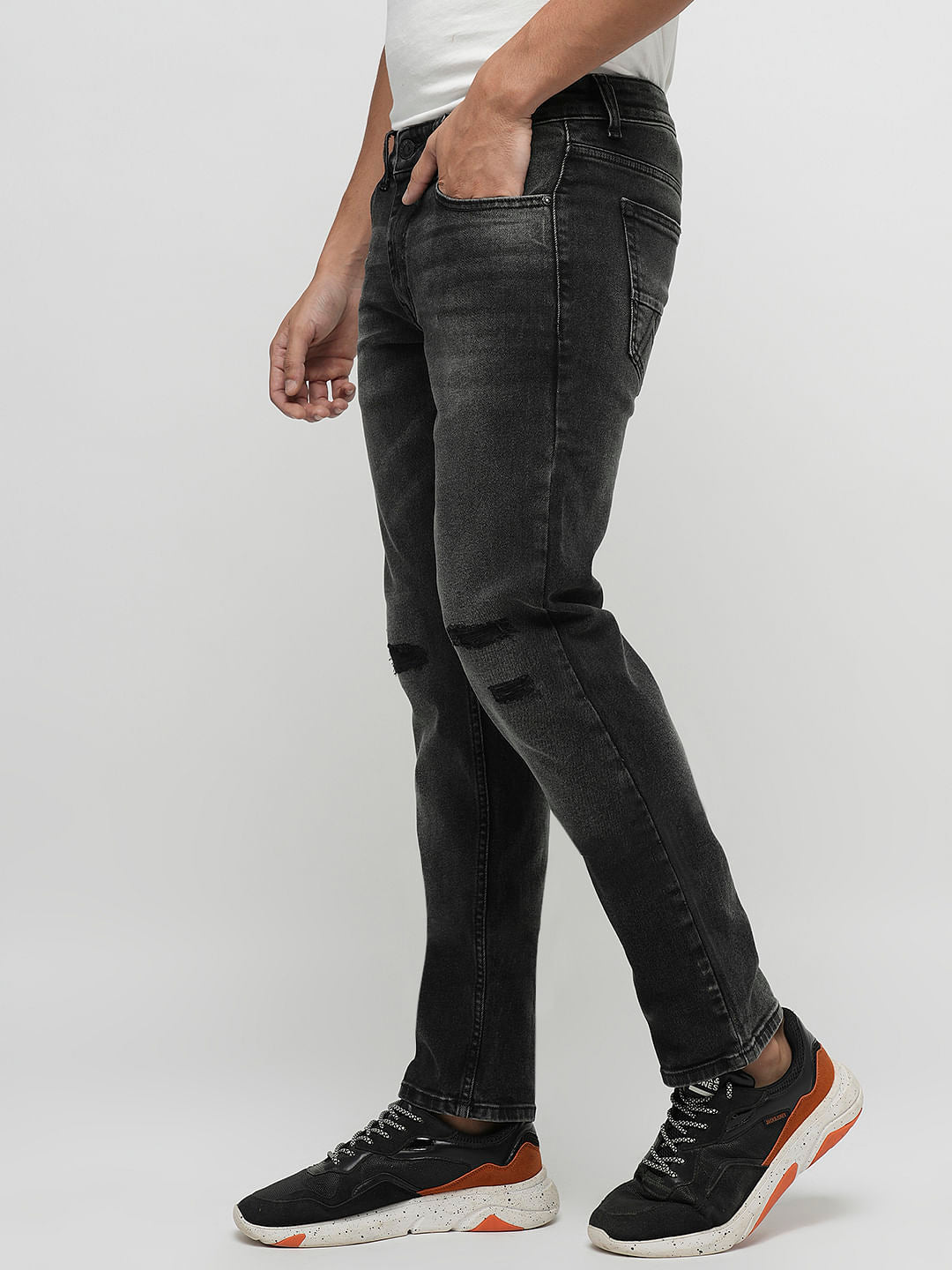PRODUKT by JACK&JONES Black Mid Rise Distressed Slim Fit Jeans