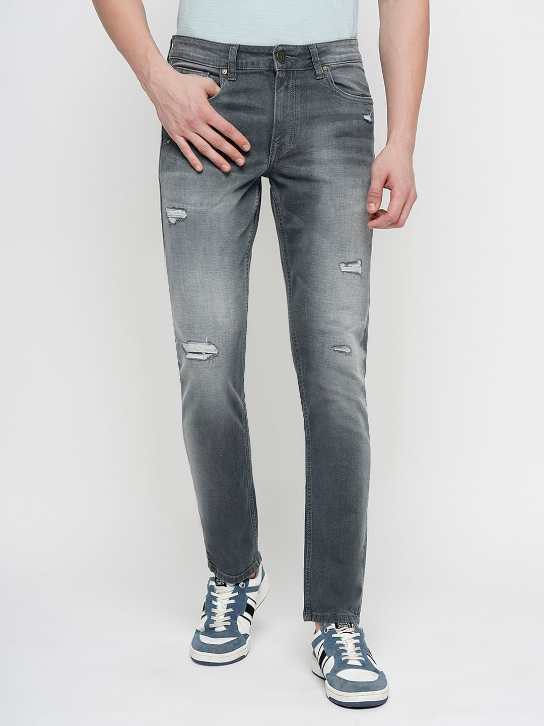PRODUKT by JACK&JONES Light Grey Mid Rise Distressed Slim Fit Jeans