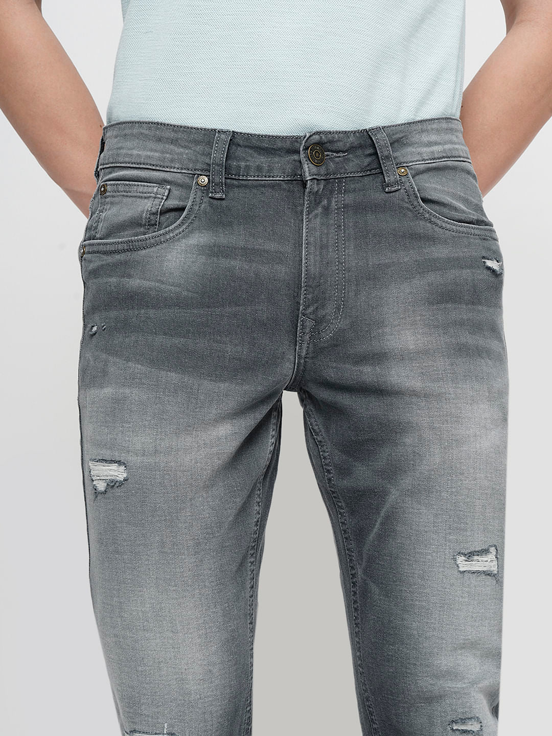 PRODUKT by JACK&JONES Light Grey Mid Rise Distressed Slim Fit Jeans