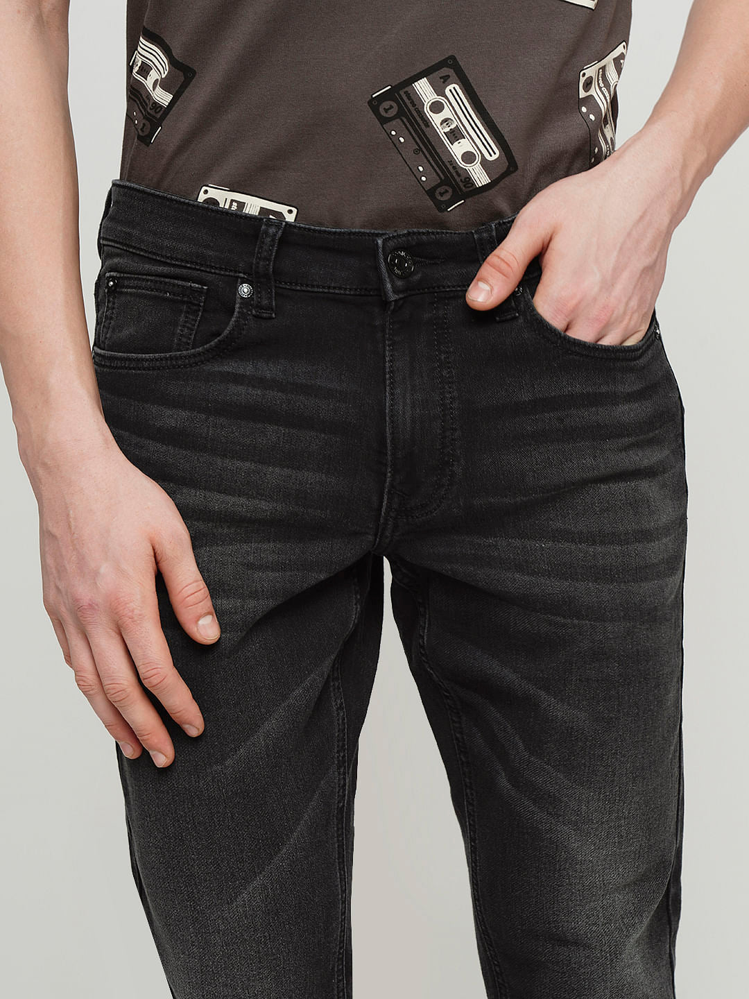 PRODUKT by JACK&JONES Dark Grey Mid Rise Washed Slim Fit Jeans