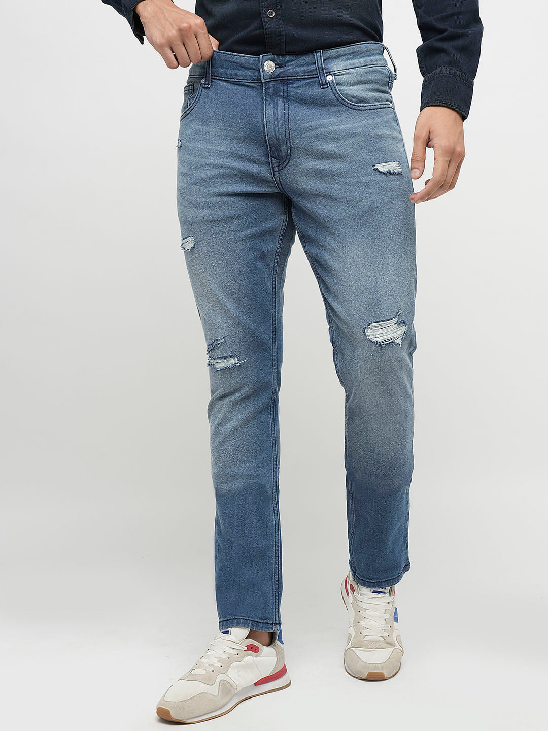 PRODUKT by JACK&JONES Blue Mid Rise Distressed Slim Fit Jeans