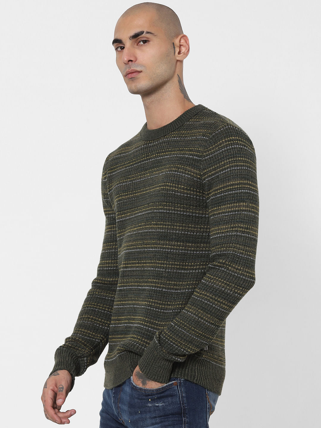 Green Textured Striped Pullover