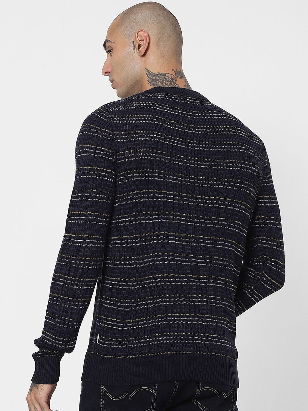 Blue Textured Striped Pullover