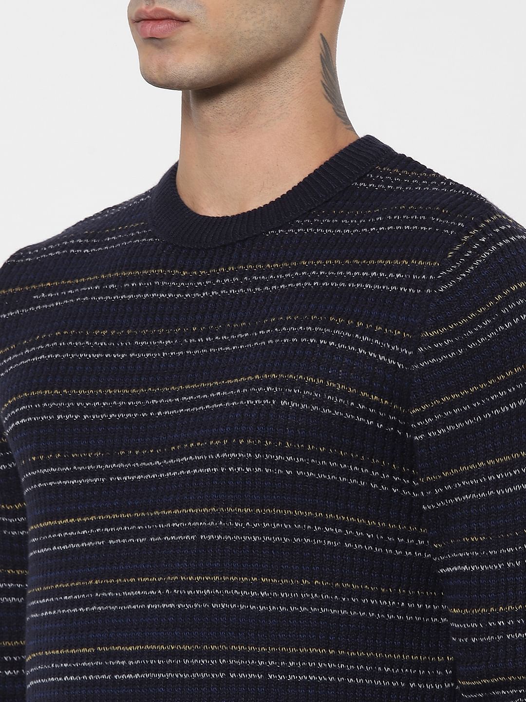 Blue Textured Striped Pullover