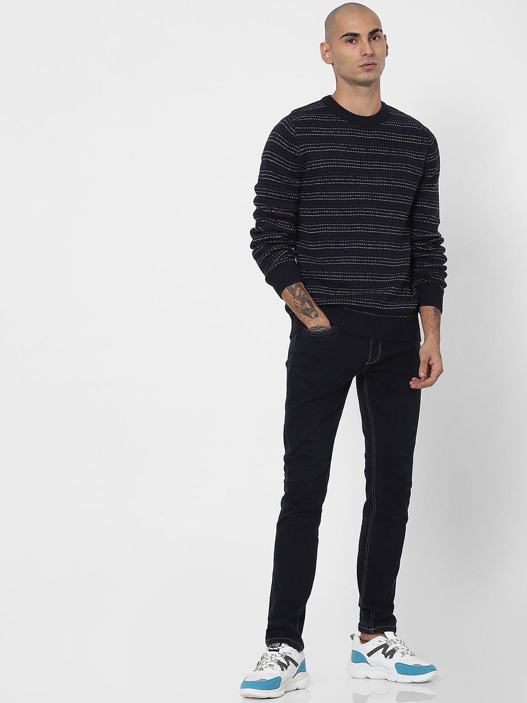 Blue Textured Striped Pullover