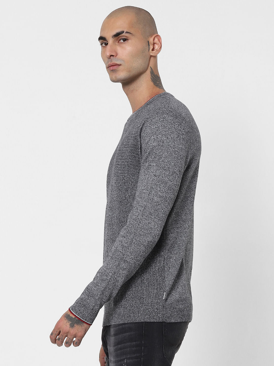 Grey Textured Striped Pullover