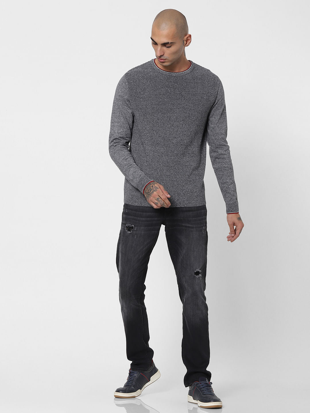 Grey Textured Striped Pullover