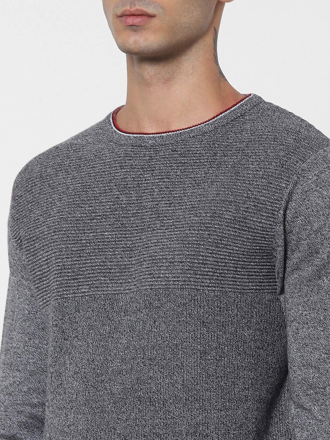 Grey Textured Striped Pullover