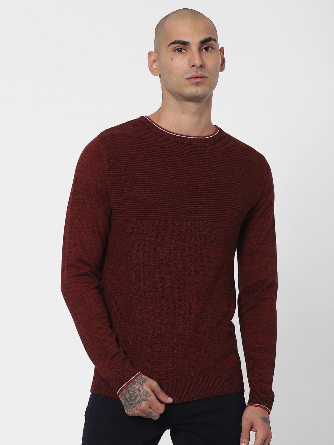 Maroon Textured Striped Pullover