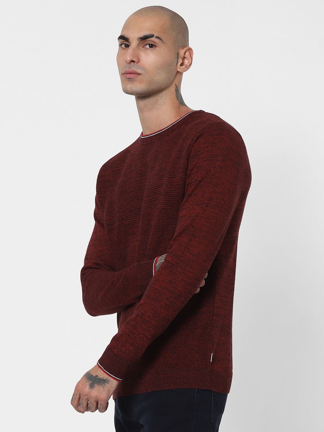 Maroon Textured Striped Pullover