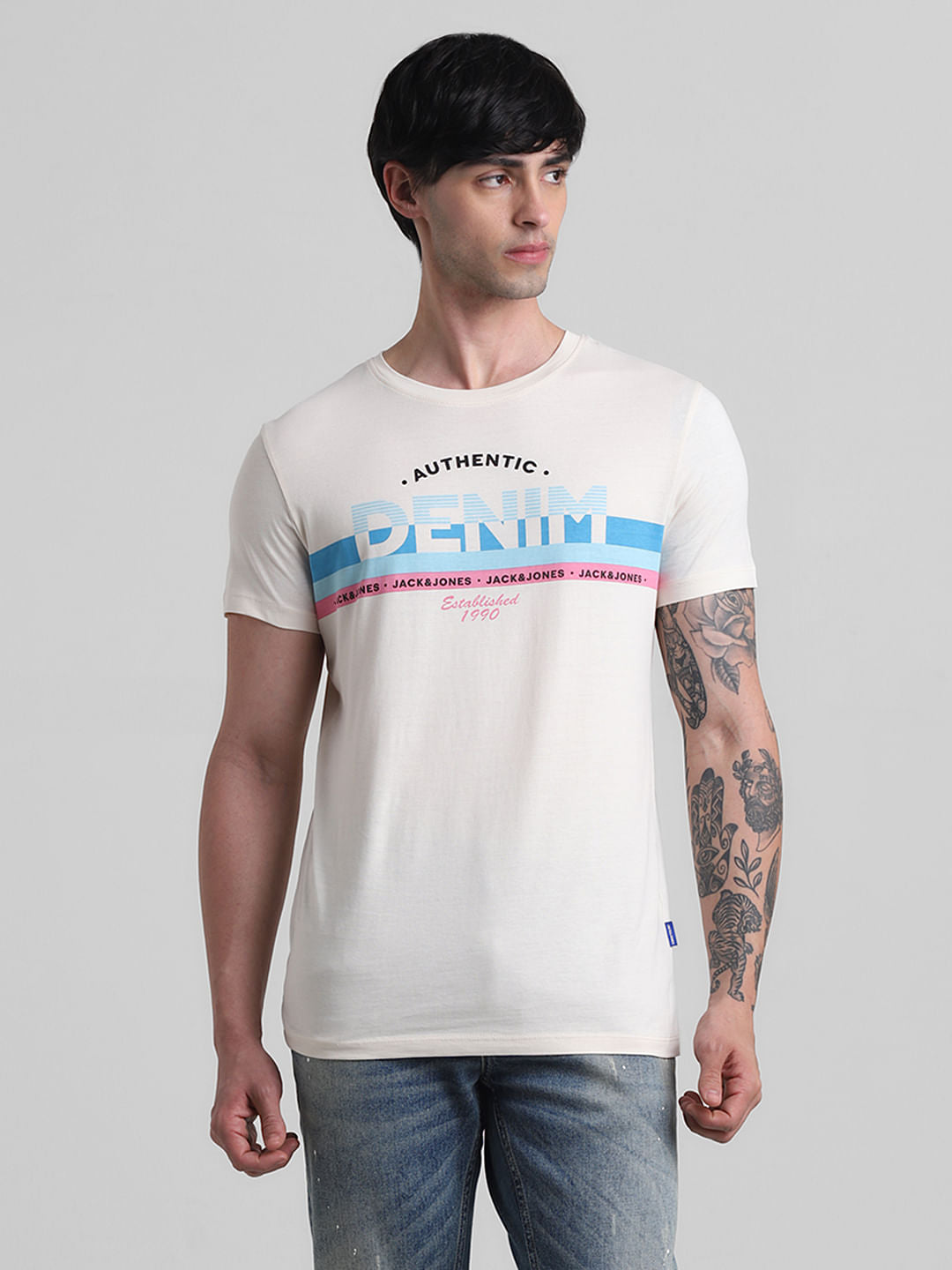 White Text Print Crew Neck T-shirt