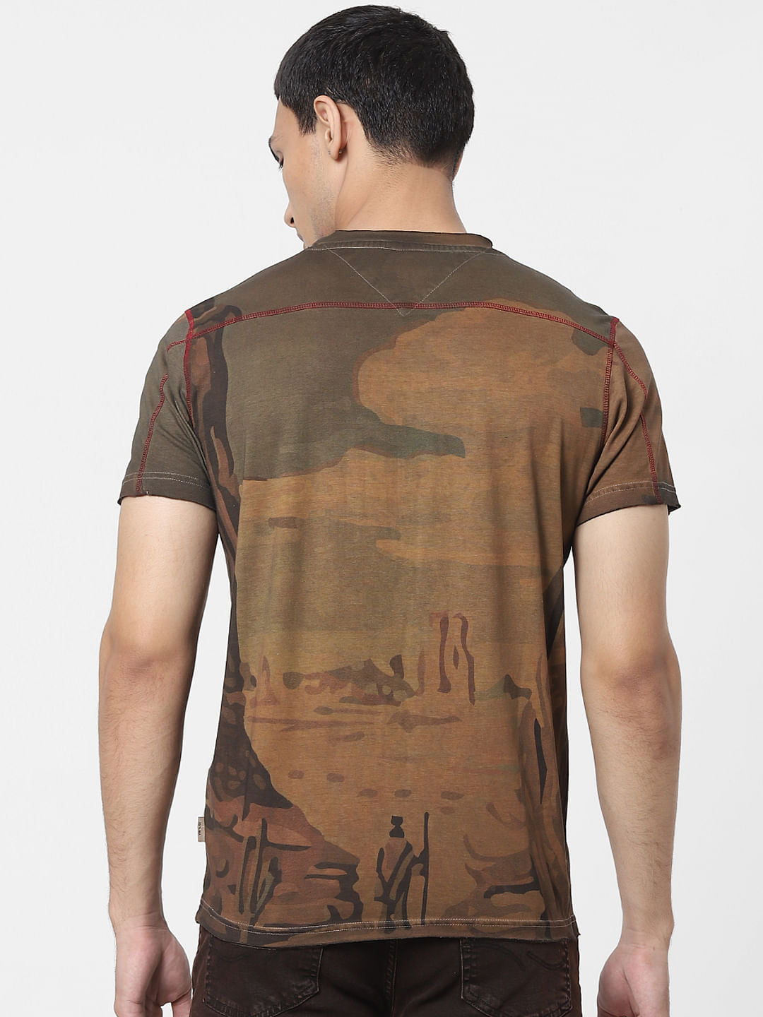 Brown Landscape Print Crew Neck T-shirt
