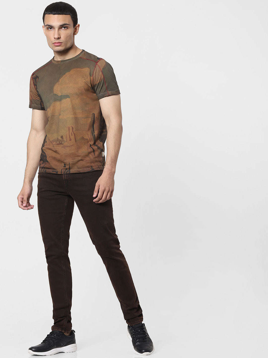 Brown Landscape Print Crew Neck T-shirt