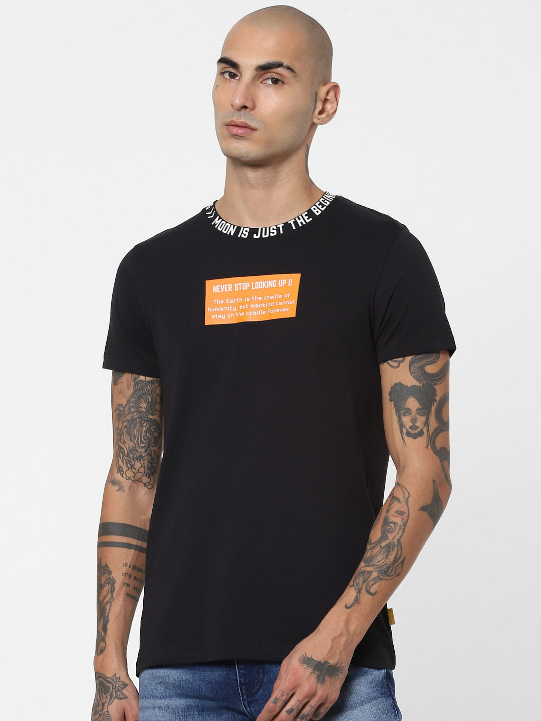 Black Slogan Print Crew Neck T-shirt