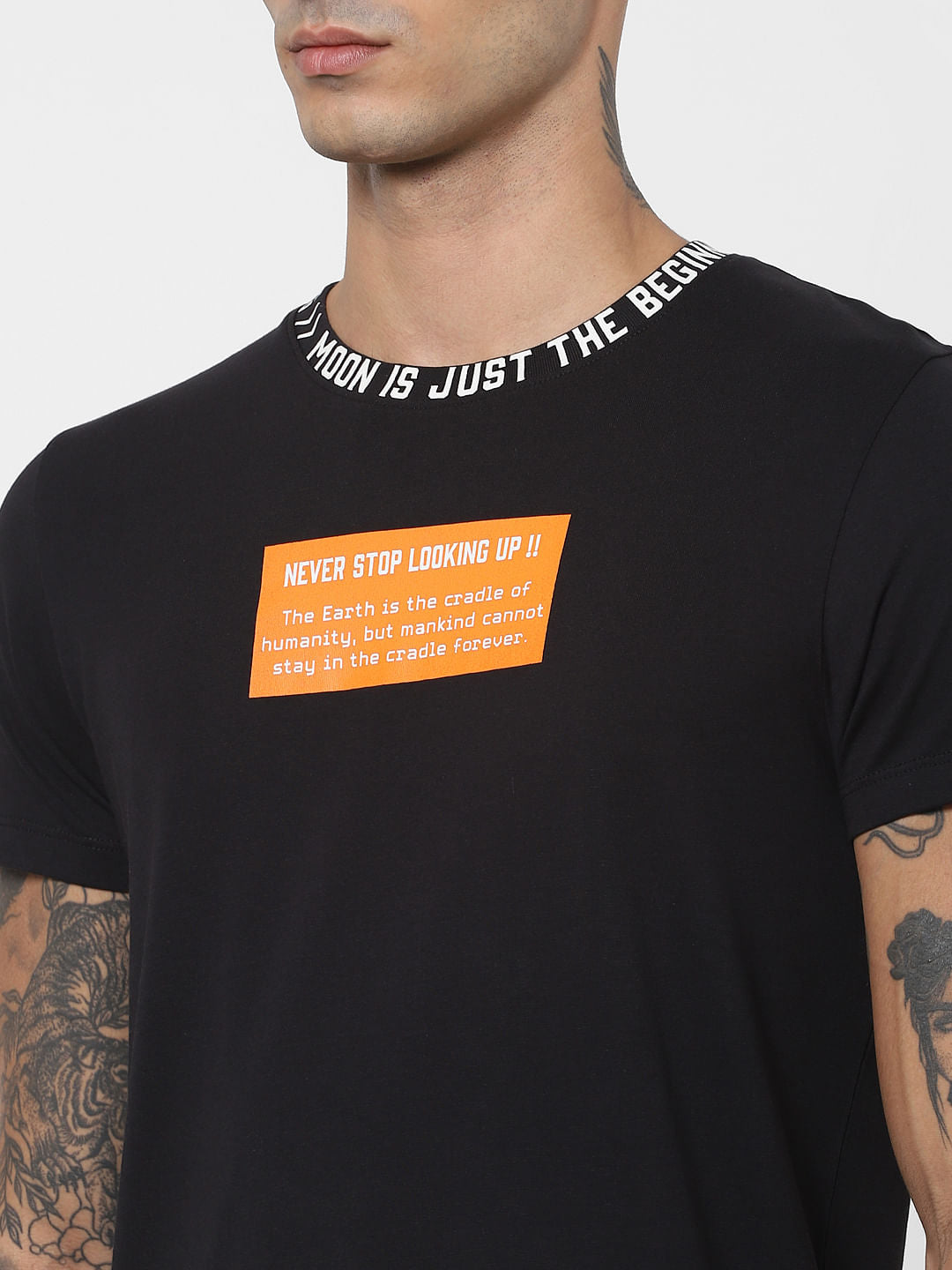 Black Slogan Print Crew Neck T-shirt
