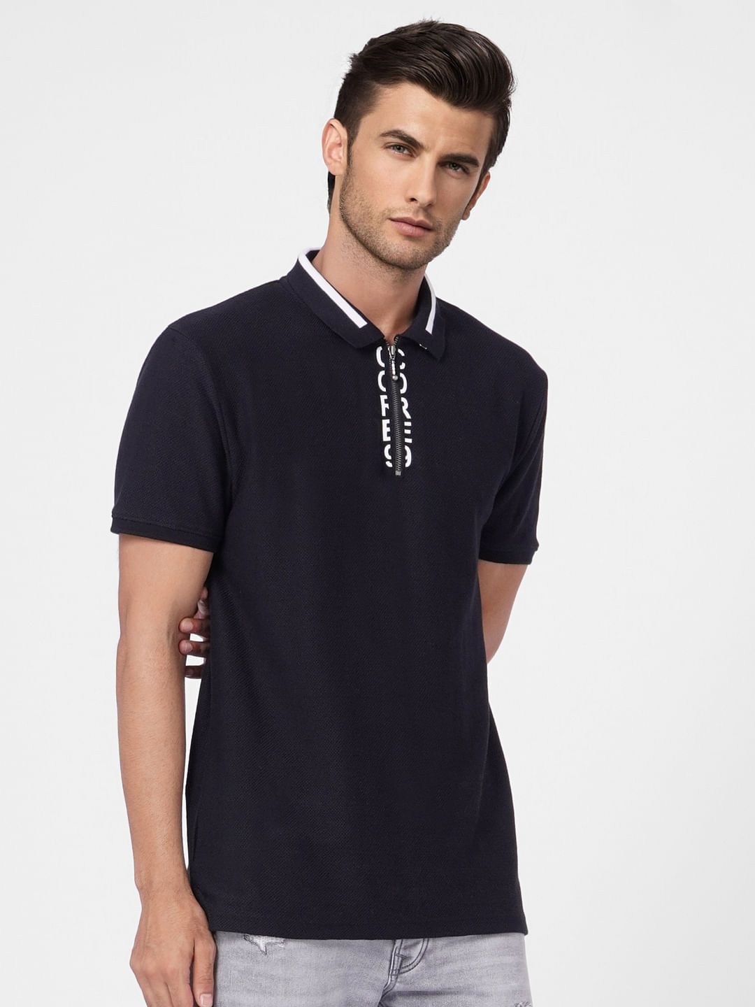 Black Textured Polo Neck T-shirt