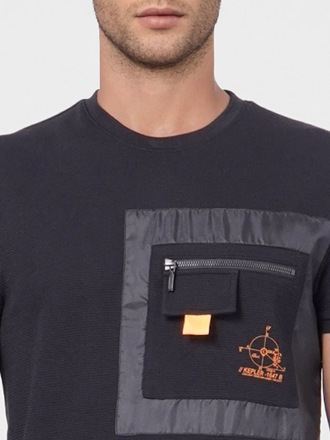 Black Patchwork Pocket Crew Neck T-shirt