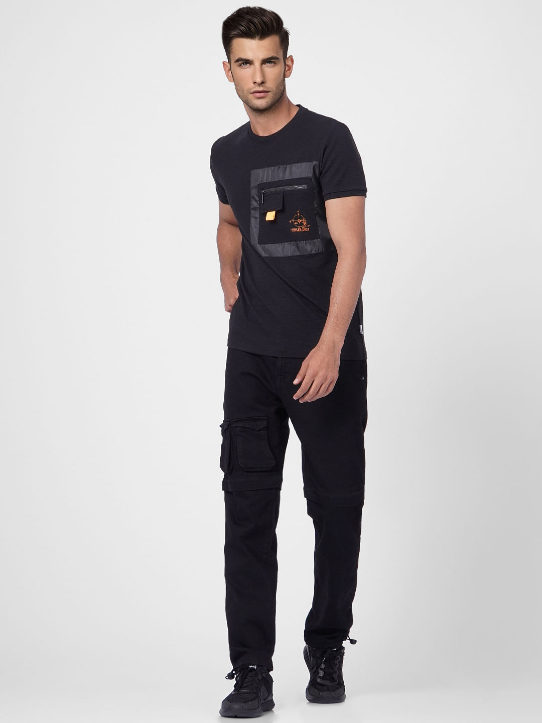 Black Patchwork Pocket Crew Neck T-shirt