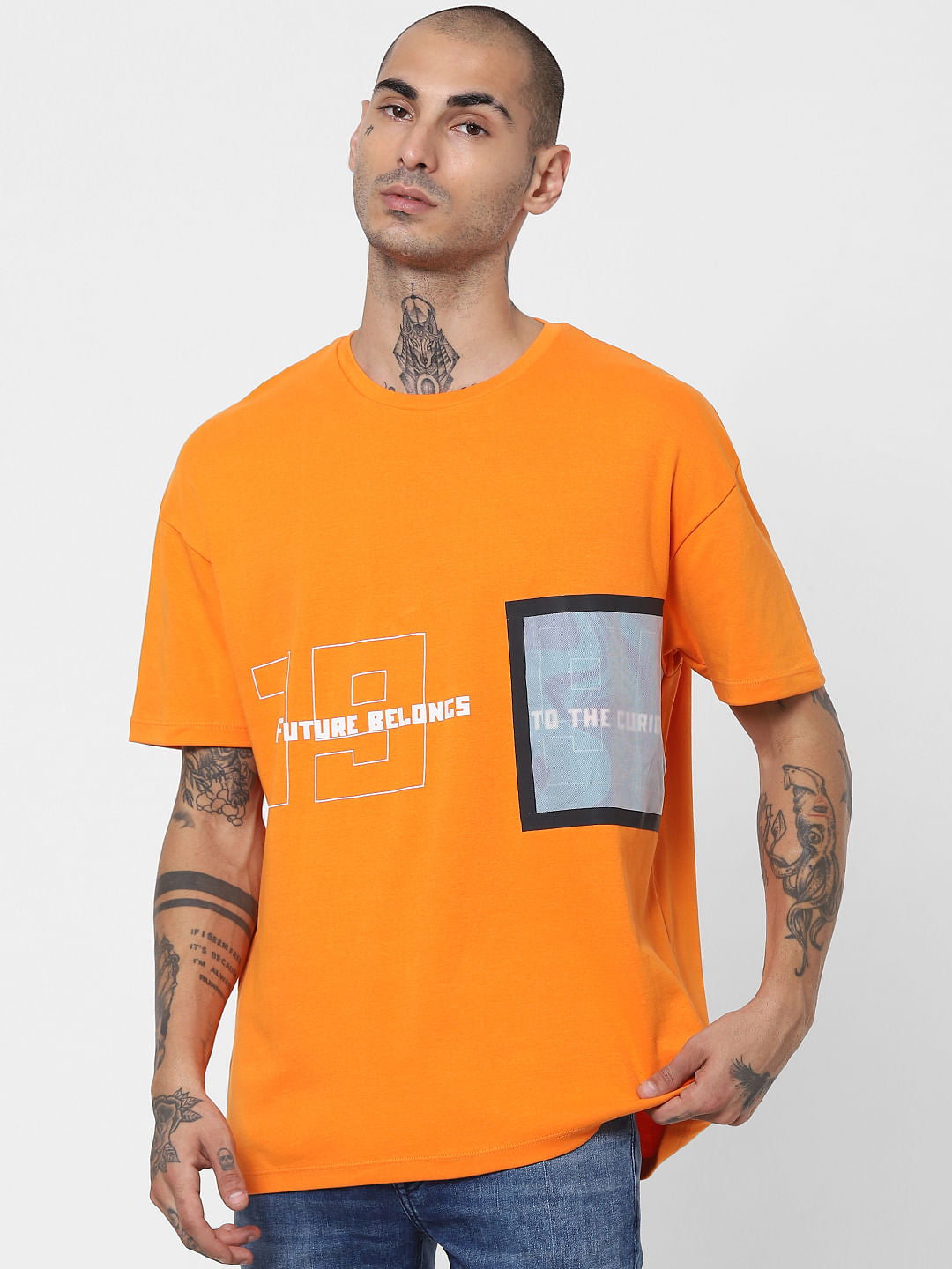 Orange Text Print Crew Neck T-shirt